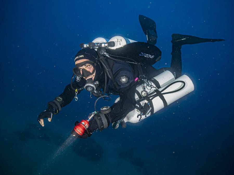 Tek Diver at night wing jacket twin tank Playa Blanca Lanzarote
